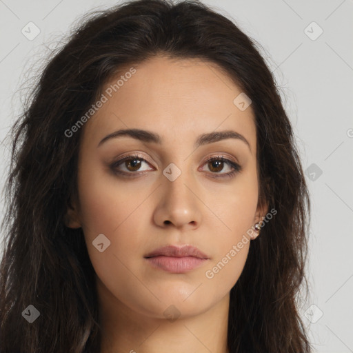 Neutral white young-adult female with long  brown hair and brown eyes