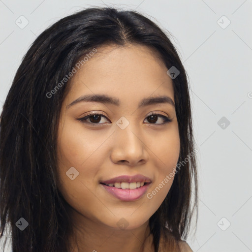 Joyful latino young-adult female with long  brown hair and brown eyes