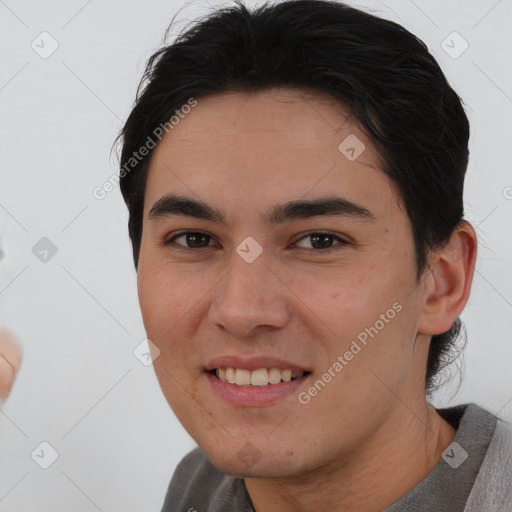 Joyful asian young-adult female with short  brown hair and brown eyes