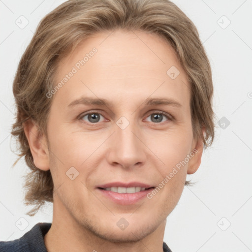 Joyful white adult female with medium  brown hair and grey eyes