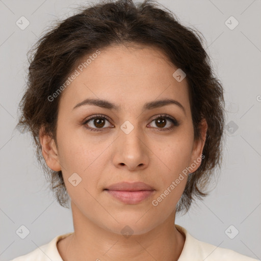 Neutral white young-adult female with short  brown hair and brown eyes