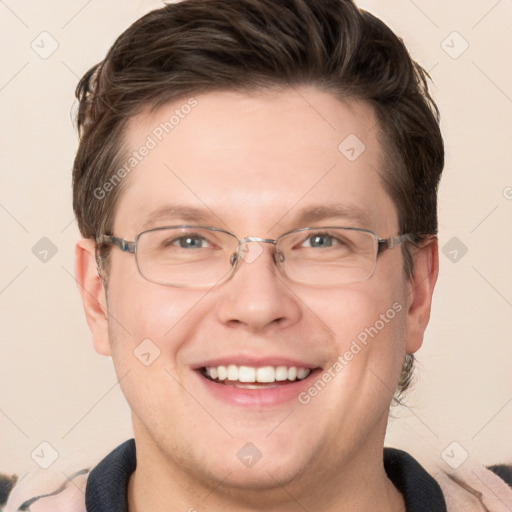 Joyful white adult male with short  brown hair and grey eyes