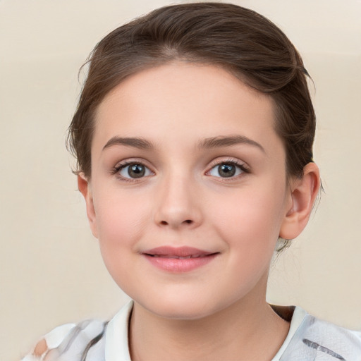 Joyful white child female with medium  brown hair and blue eyes