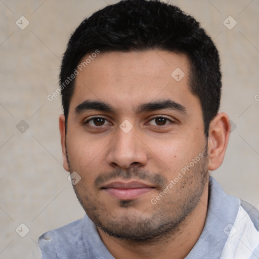 Neutral asian young-adult male with short  black hair and brown eyes