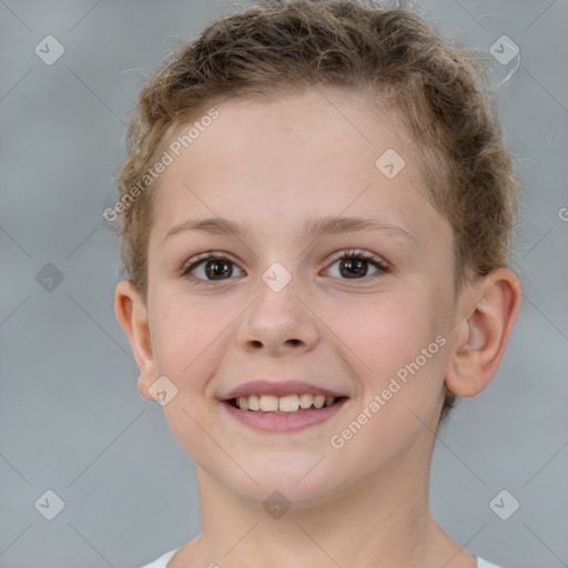 Joyful white child female with short  brown hair and brown eyes