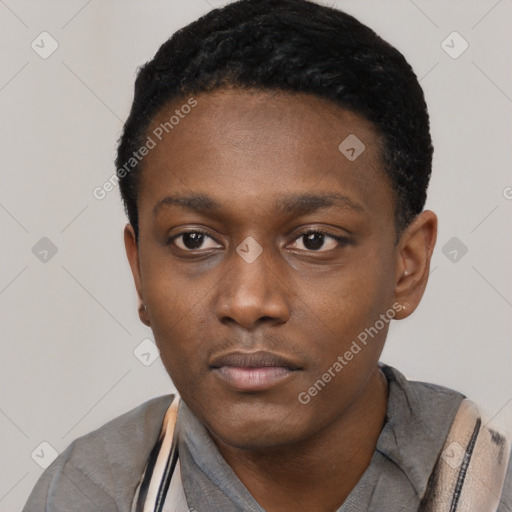 Neutral black young-adult male with short  black hair and brown eyes