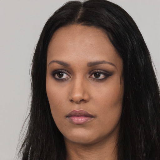 Neutral asian young-adult female with long  black hair and brown eyes