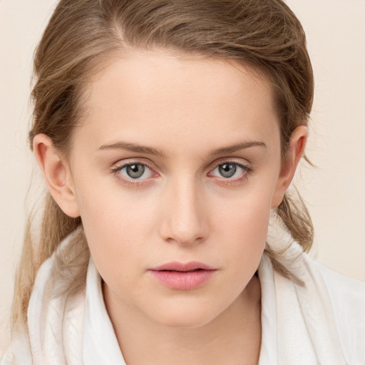 Neutral white young-adult female with medium  brown hair and blue eyes