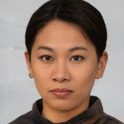 Neutral asian young-adult female with short  brown hair and brown eyes