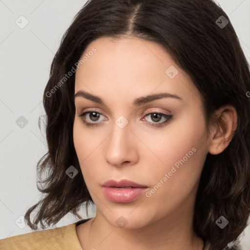 Neutral white young-adult female with medium  brown hair and brown eyes