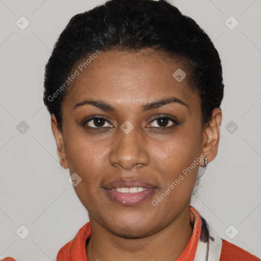 Joyful latino young-adult female with short  black hair and brown eyes