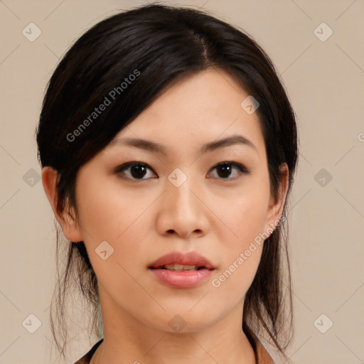 Neutral asian young-adult female with medium  black hair and brown eyes