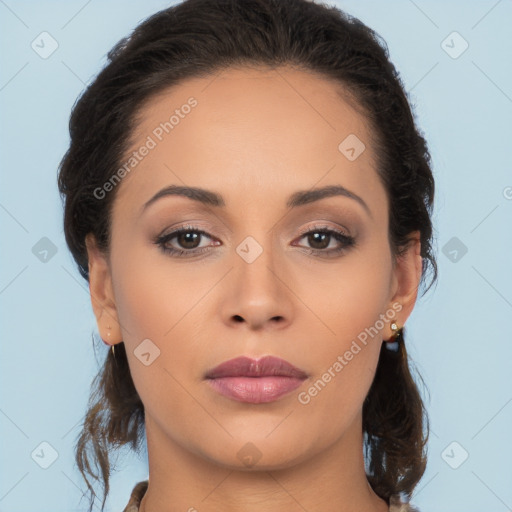 Neutral white young-adult female with medium  brown hair and brown eyes