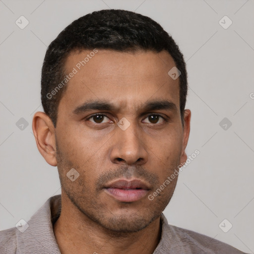 Neutral latino young-adult male with short  black hair and brown eyes