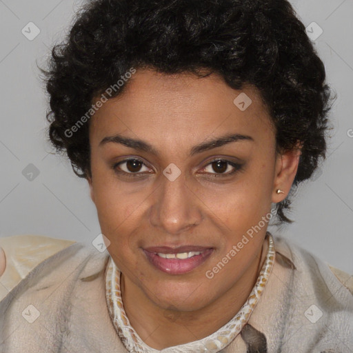 Joyful latino young-adult female with short  brown hair and brown eyes