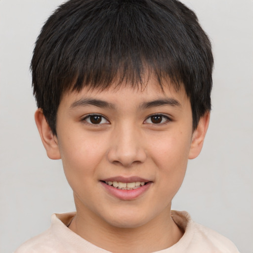 Joyful white child male with short  brown hair and brown eyes