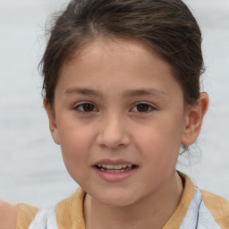 Joyful white child female with short  brown hair and brown eyes