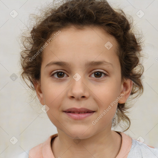 Joyful white child female with short  brown hair and brown eyes