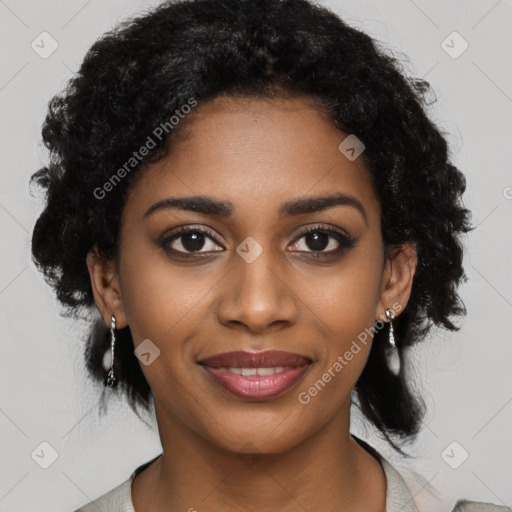 Joyful black young-adult female with medium  black hair and brown eyes