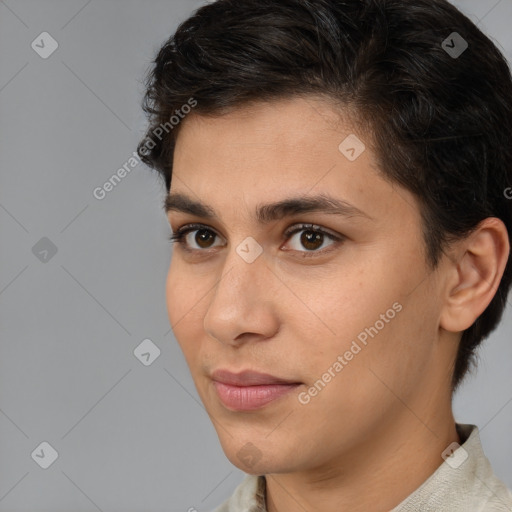 Neutral white young-adult male with medium  brown hair and brown eyes