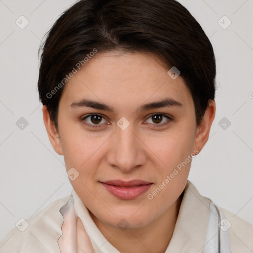 Joyful white young-adult female with short  brown hair and brown eyes