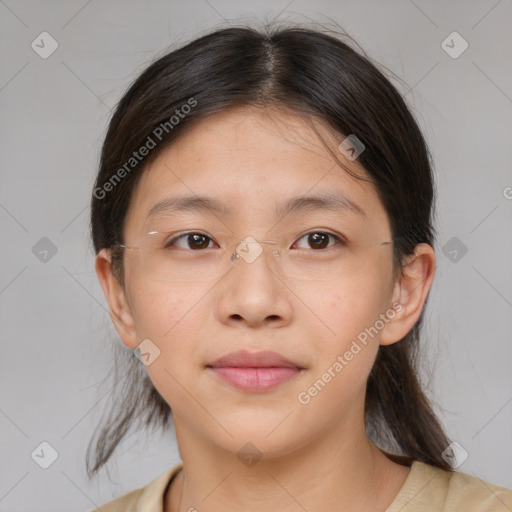 Neutral asian young-adult female with medium  brown hair and brown eyes