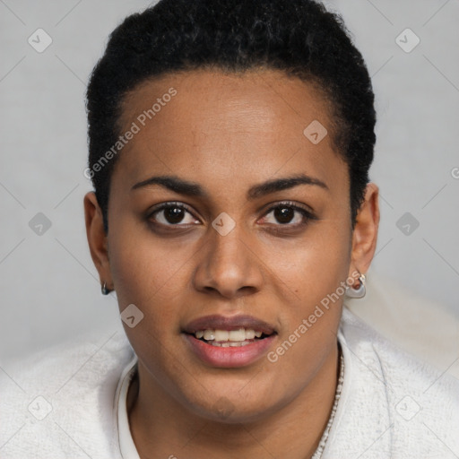 Joyful black young-adult female with short  brown hair and brown eyes