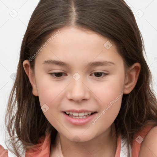 Joyful white child female with long  brown hair and brown eyes