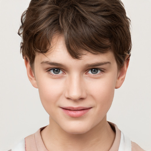 Joyful white child female with short  brown hair and grey eyes