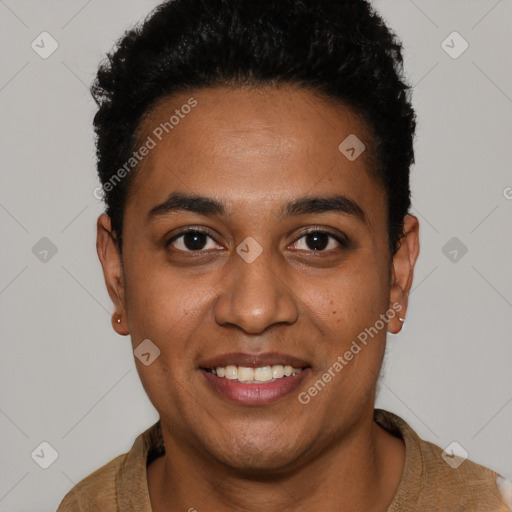 Joyful black young-adult male with short  black hair and brown eyes