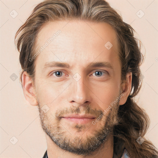 Neutral white adult male with short  brown hair and grey eyes