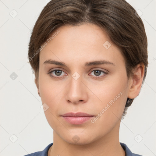 Neutral white young-adult female with short  brown hair and brown eyes