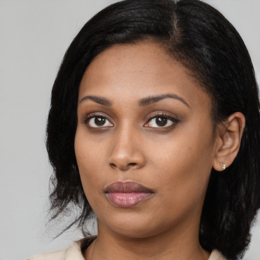 Neutral asian young-adult female with long  black hair and brown eyes