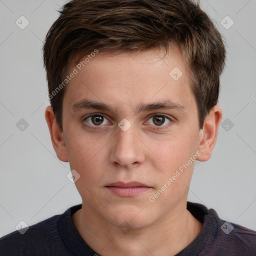 Neutral white young-adult male with short  brown hair and grey eyes