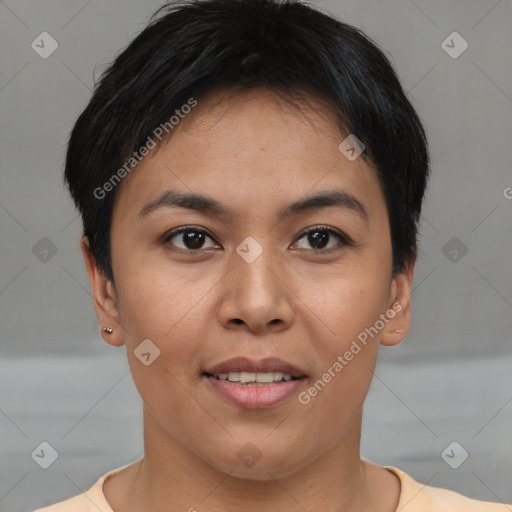 Joyful asian young-adult female with short  brown hair and brown eyes