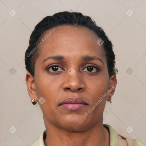 Neutral black young-adult female with short  black hair and brown eyes