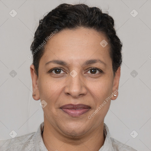 Joyful white adult female with short  brown hair and brown eyes