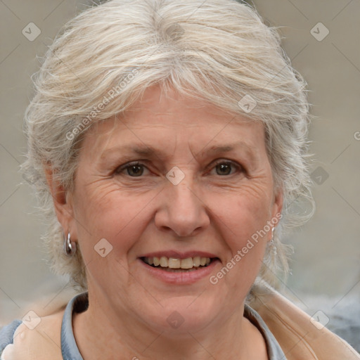 Joyful white middle-aged female with medium  blond hair and brown eyes