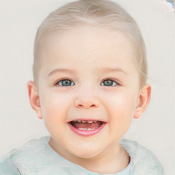 Joyful white child female with short  brown hair and blue eyes