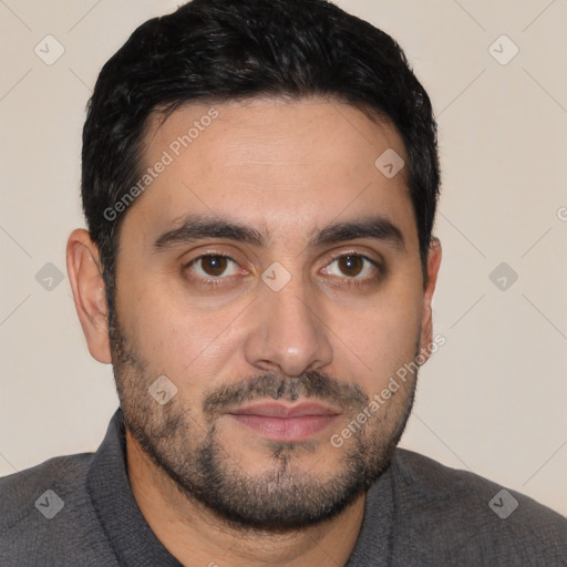 Joyful white young-adult male with short  black hair and brown eyes