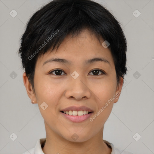 Joyful asian young-adult female with short  brown hair and brown eyes