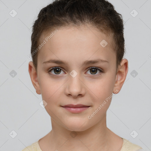 Joyful white child female with short  brown hair and brown eyes