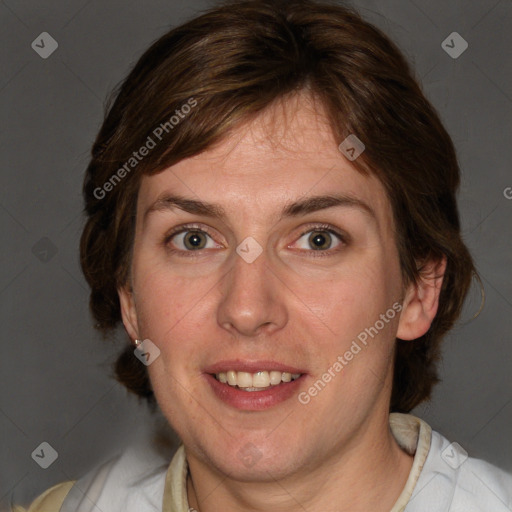 Joyful white adult female with medium  brown hair and grey eyes