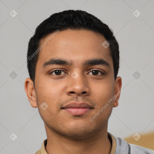 Neutral latino young-adult male with short  black hair and brown eyes