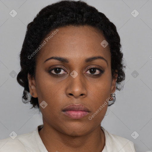 Neutral black young-adult female with short  brown hair and brown eyes