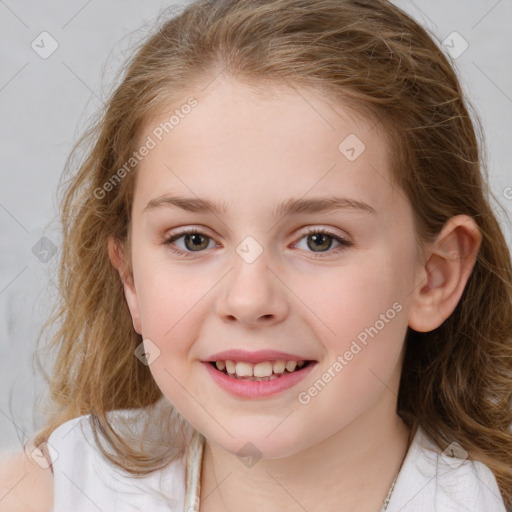 Joyful white child female with medium  brown hair and brown eyes