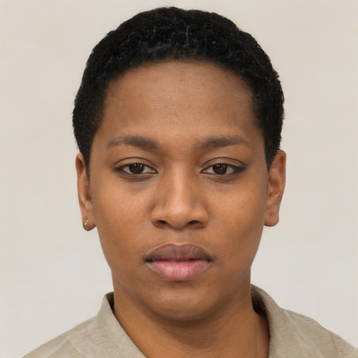 Neutral black young-adult female with short  black hair and brown eyes