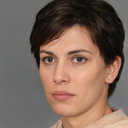 Neutral white young-adult female with short  brown hair and brown eyes