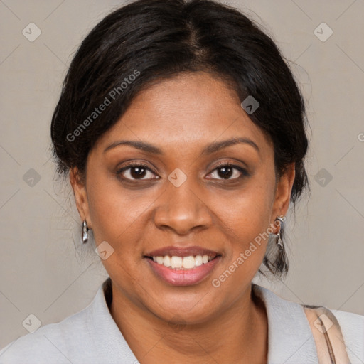 Joyful black young-adult female with medium  brown hair and brown eyes