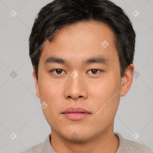 Neutral asian young-adult male with short  black hair and brown eyes